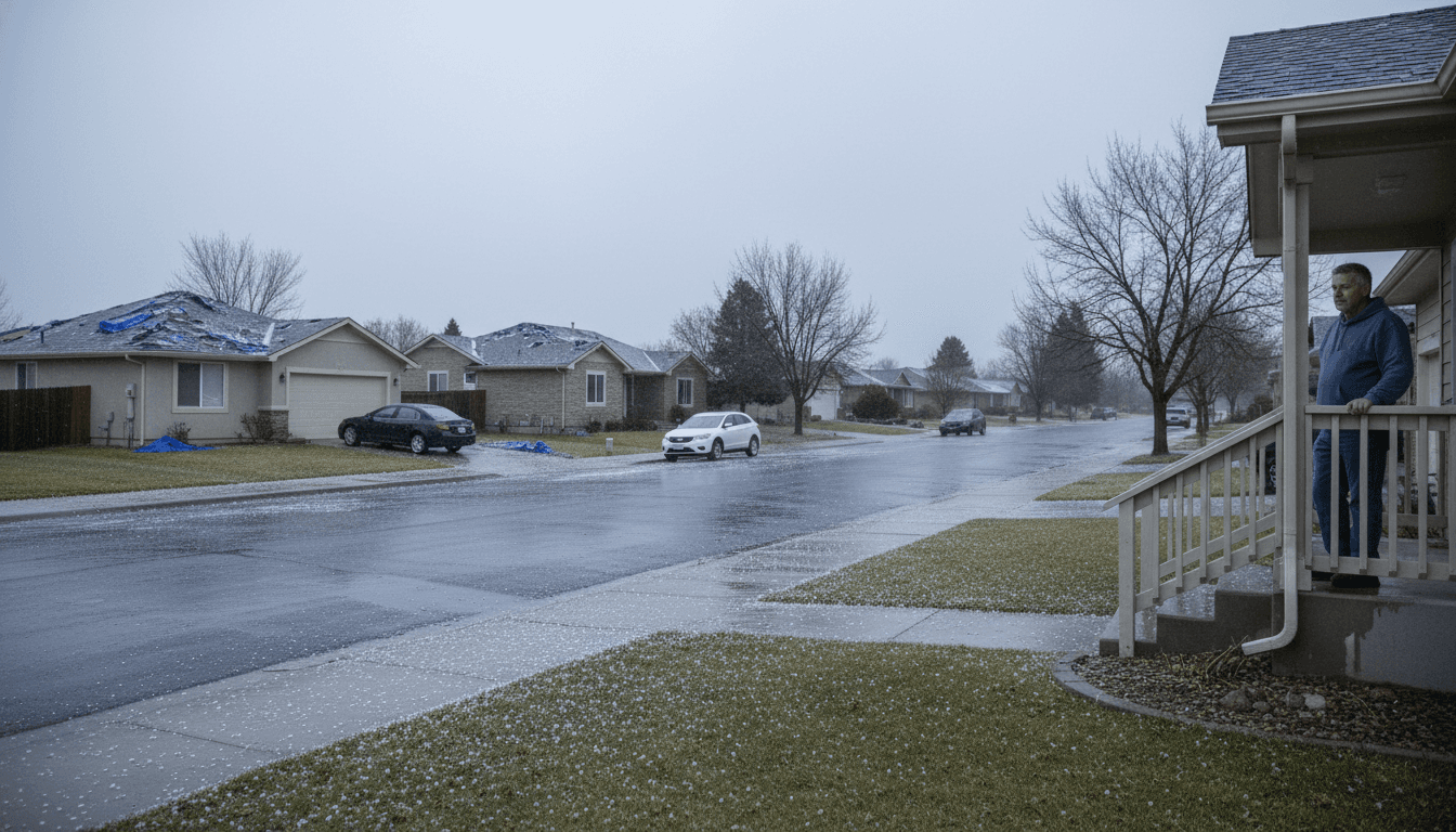 Homeowner on porch looking at roof after hailstorm in Provo