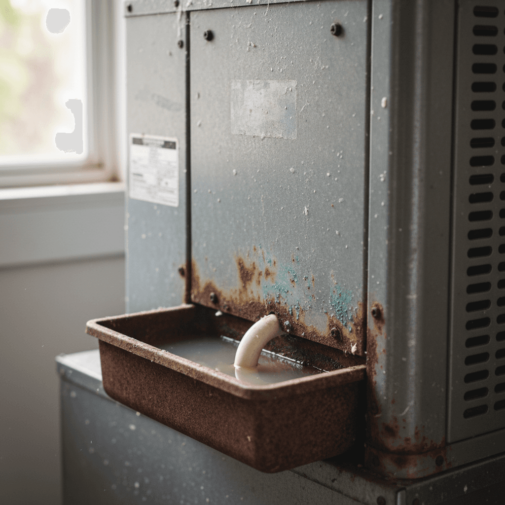 Residential HVAC unit with a rusted drip pan and standing water underneath
