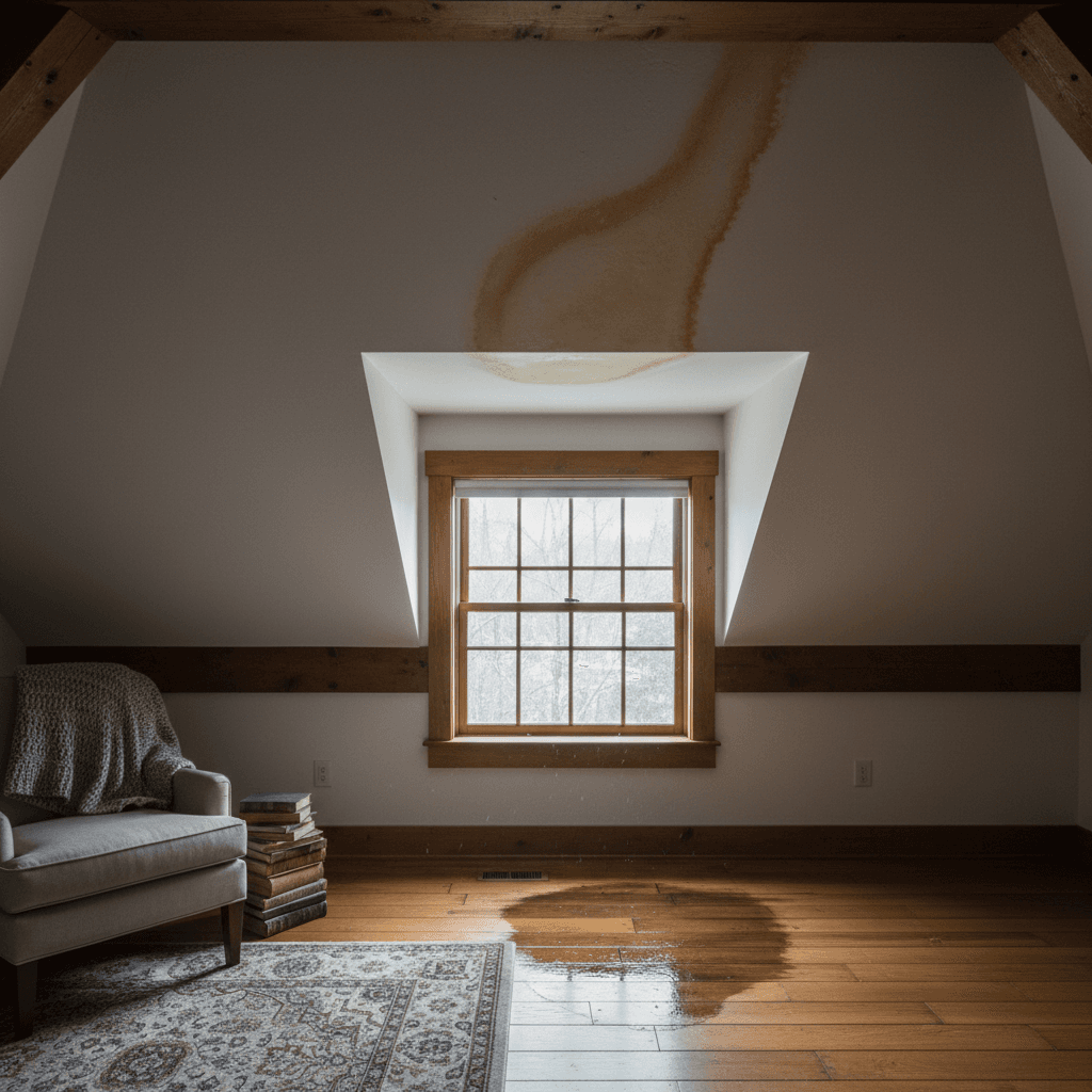 Water stain spreading across attic ceiling near a dormer window