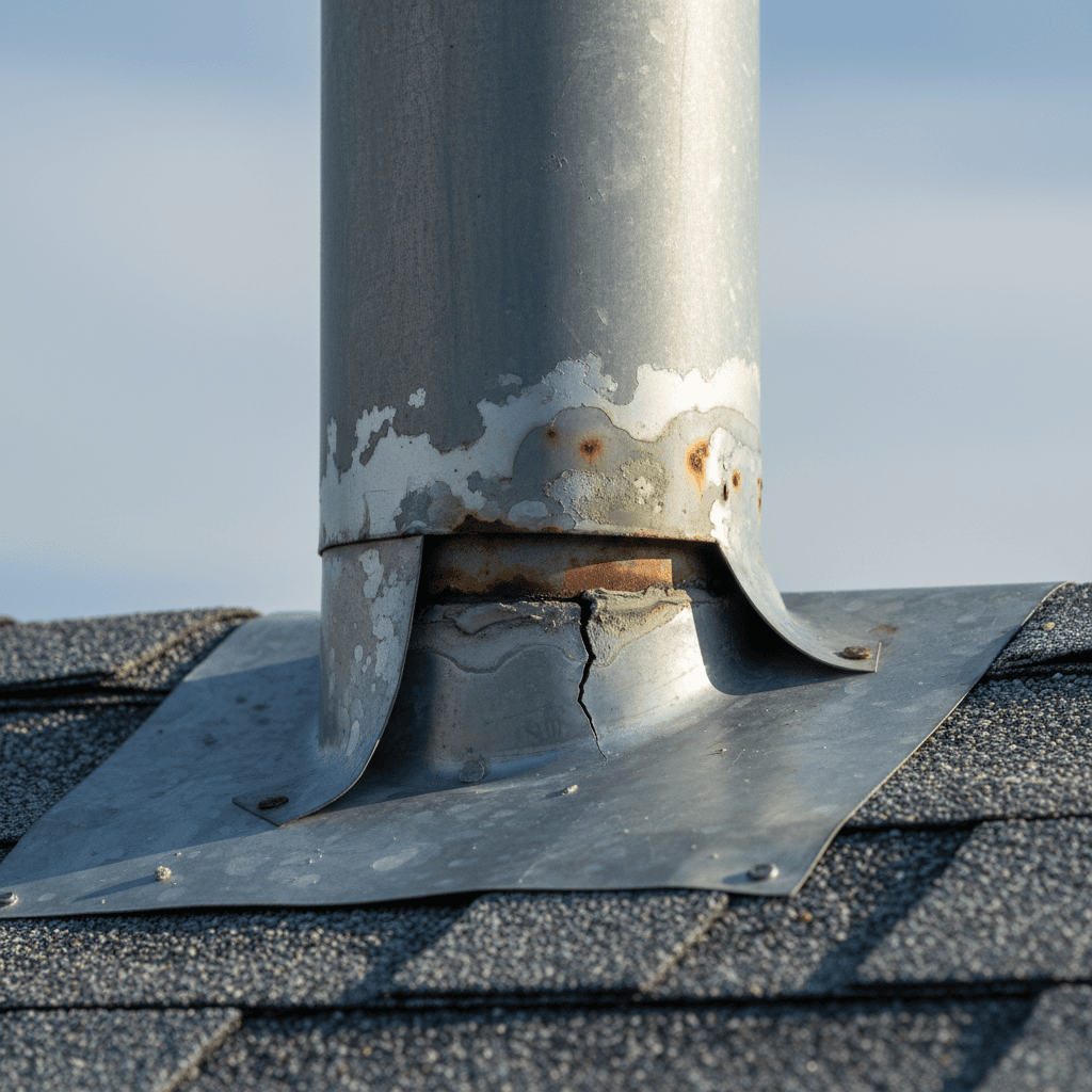 Cracked flashing sealant pulling away from a roof vent pipe