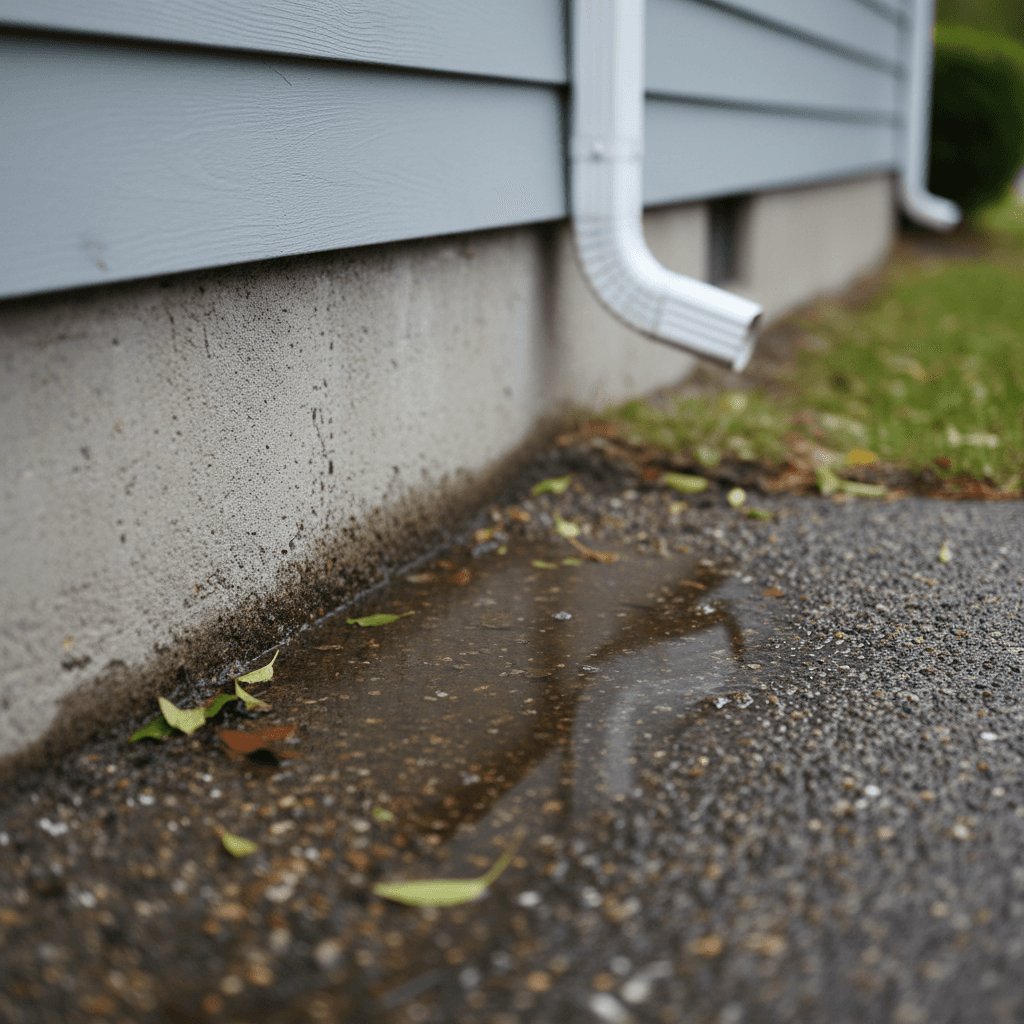 Water pooling against a concrete home foundation near a downspout
