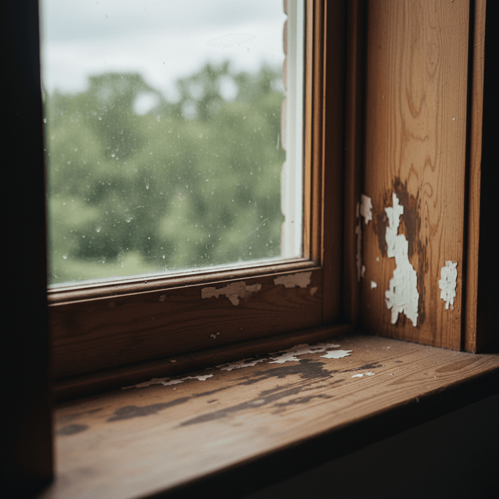Interior window sill with dark water stains and peeling paint around the frame