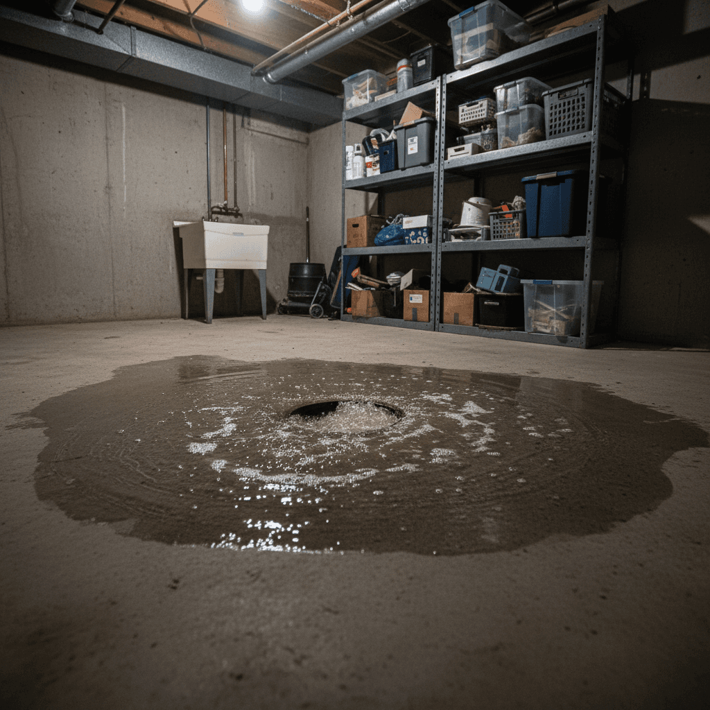 Residential basement drain overflowing onto concrete floor