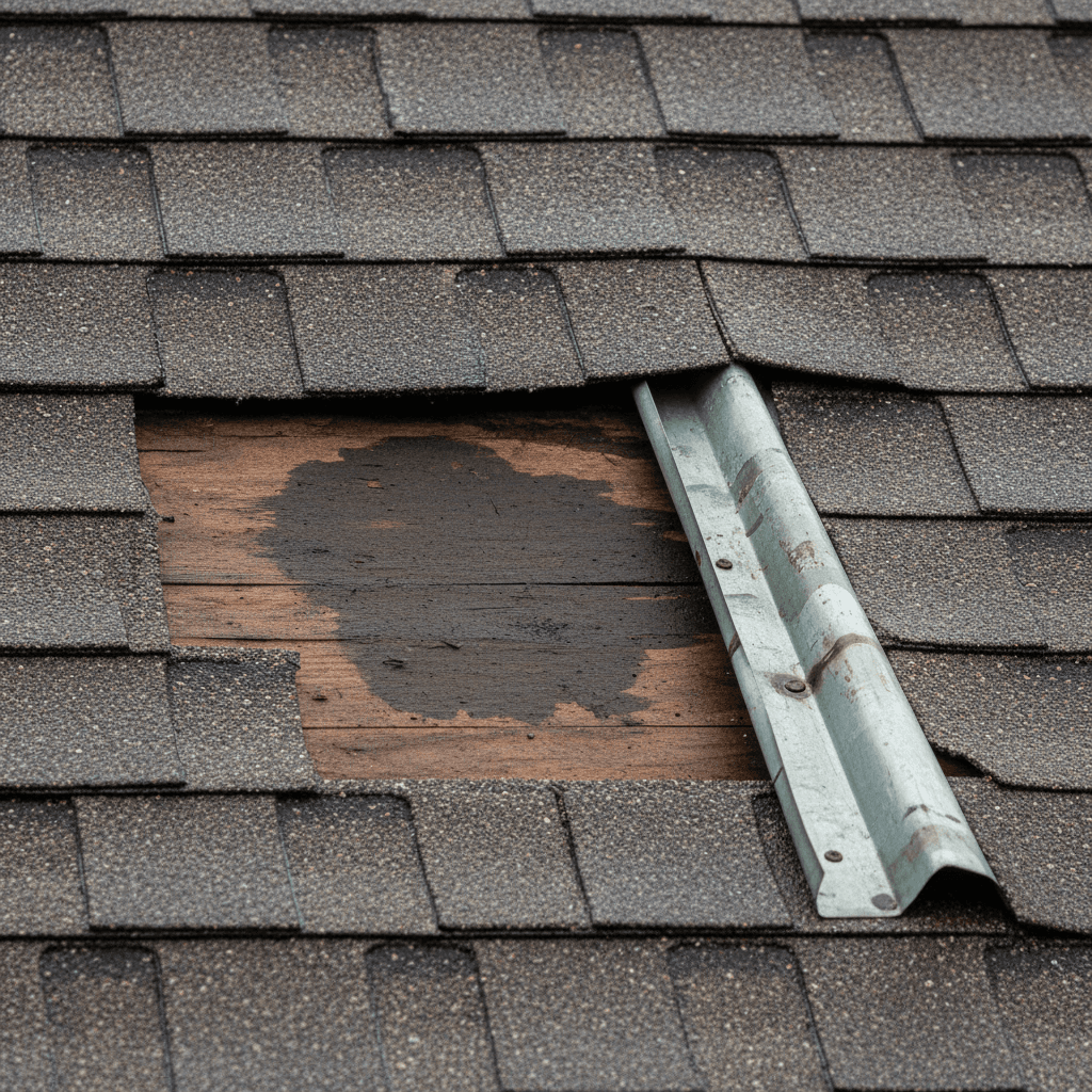 Close-up of a damaged roof shingle with a visible water stain on the wood underneath