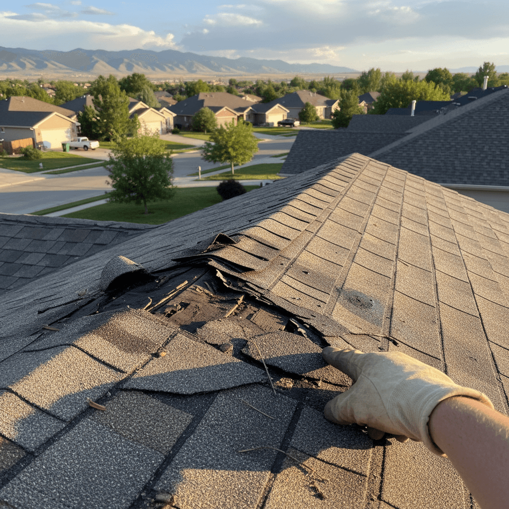 Homeowner inspecting roof damage in Roy
