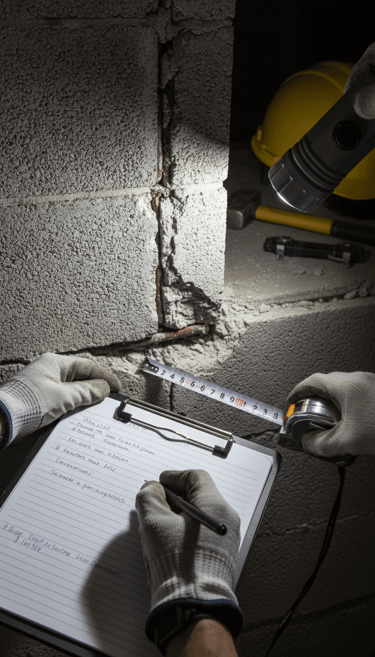 Public adjuster examining a foundation crack