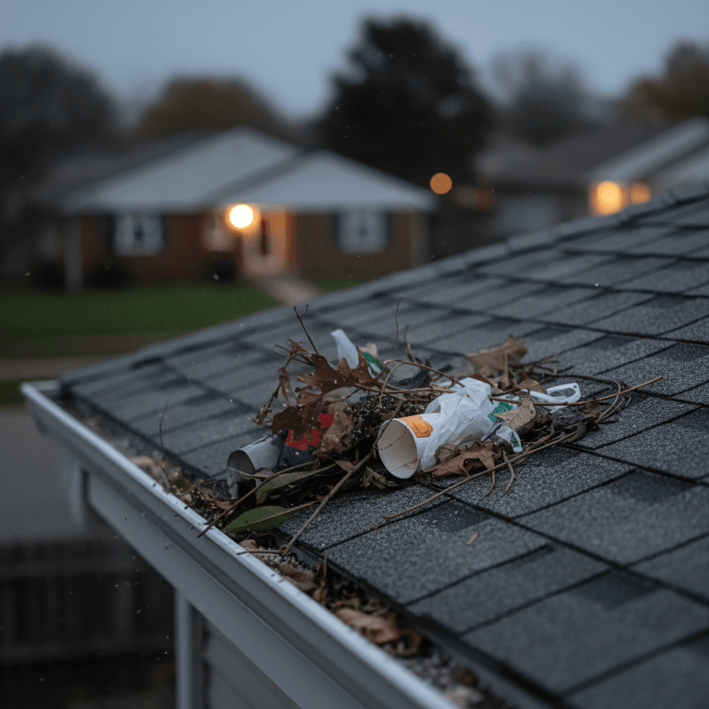 Close-up of a rooftop with scattered debris from wind in Ivins