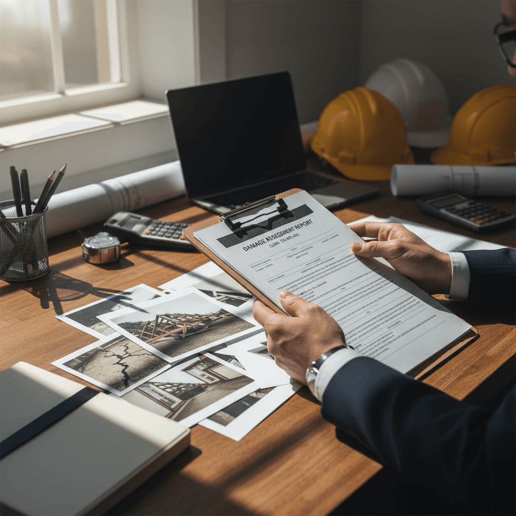 Public adjuster reviewing an insurance policy document with a homeowner