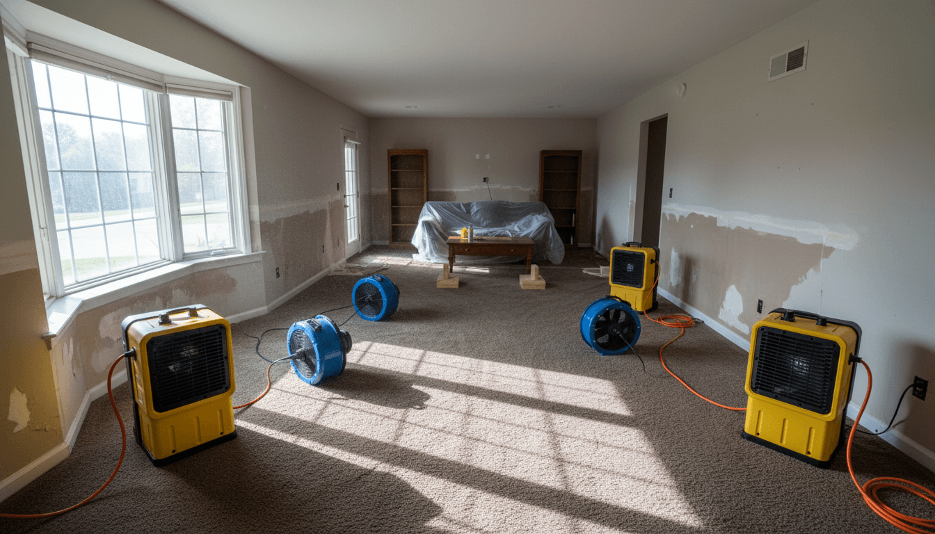 Water-damaged living room interior being documented for a claim