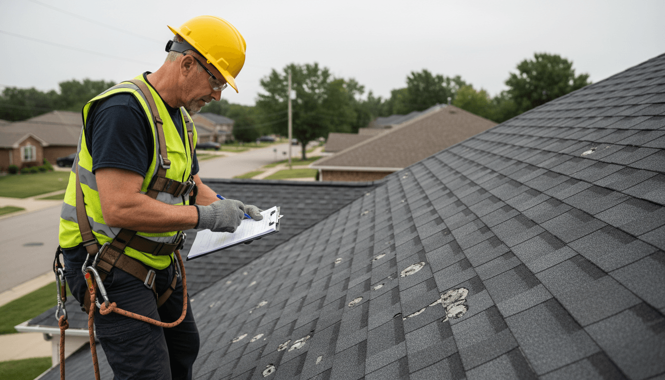 Public adjuster reviewing a clipboard while documenting roof storm damage at a Utah home